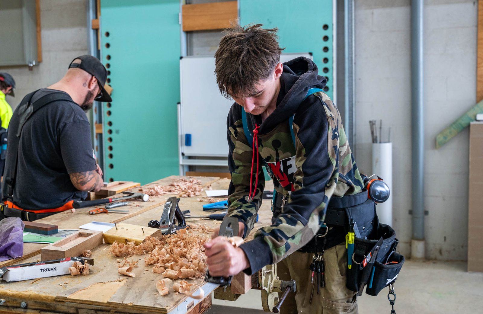Carpentry apprentices working with timber at the MBA Training Skills Centre