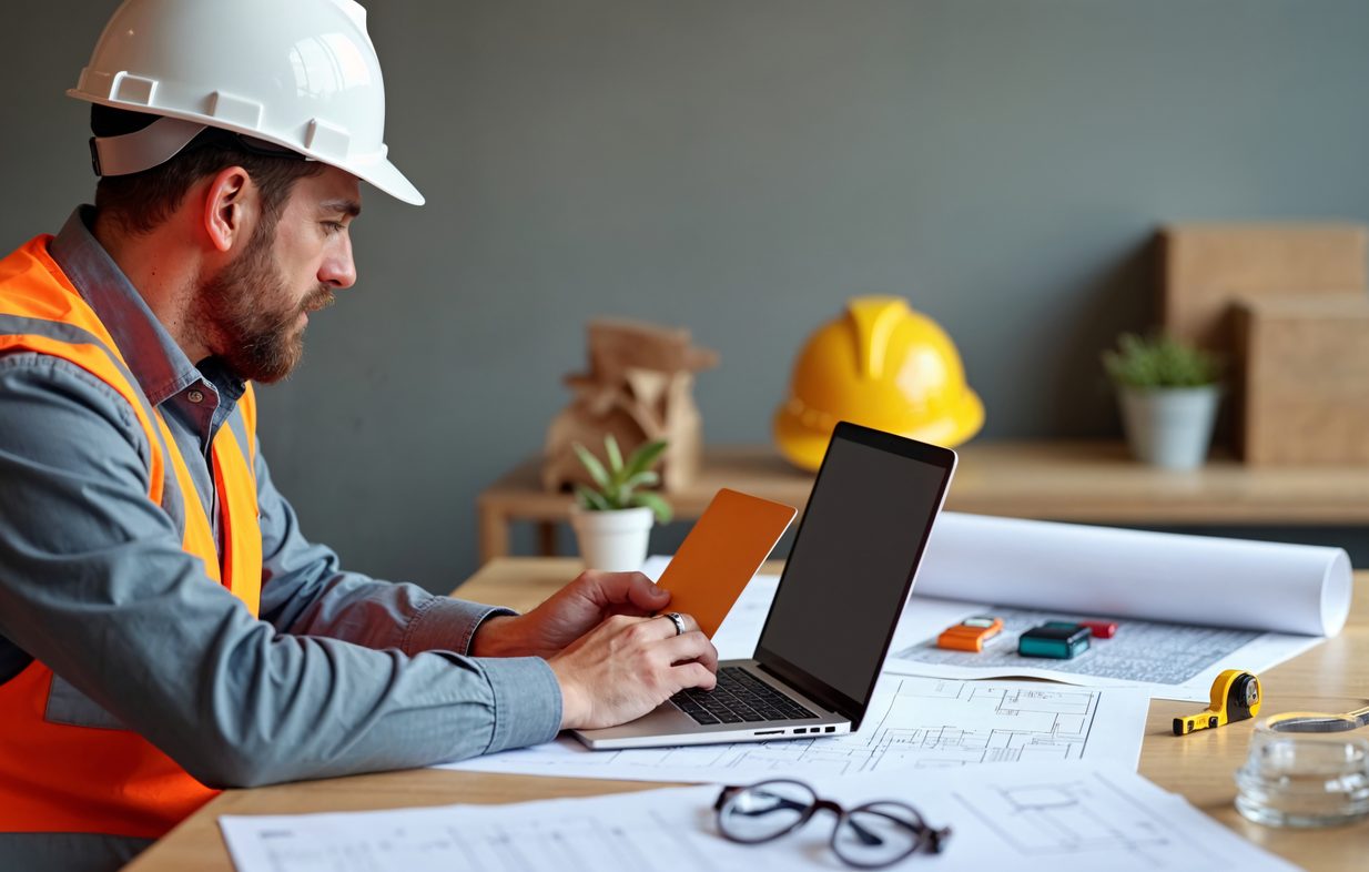 A construction worker in a safety vest holding a tablet at a desk with blueprints.