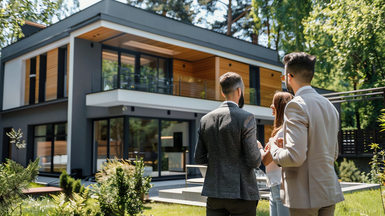 Three professionals discussing plans for a modern home.